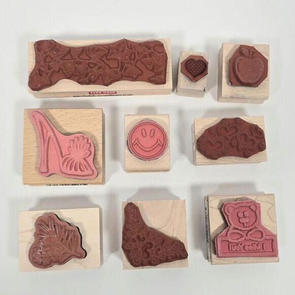 Lot of 9 Rubber Stamps Wood Mounted Mixed Themes Arts And‎ Crafts - Picture 2 of 16